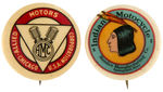 "INDIAN MOTORCYCLE" AND "AMC MOTORS" MOTORCYCLE BUTTON PAIR.