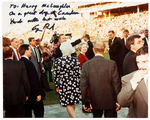 GEORGE BUSH WITH QUEEN ELIZABETH AT ORIOLES MEMORIAL STADIUM SIGNED PHOTO.