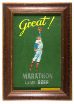 "GREAT! MARATHON LAGER BEER" ORNATELY FRAMED 1930s SIGN WITH BASEBALL PLAYER.