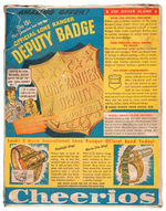 "LONE RANGER DEPUTY" PREMIUM BADGE & CHEERIOS CEREAL BOX WITH PREMIUM OFFERS.