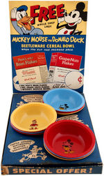 MICKEY MOUSE & DONALD DUCK POST CEREAL STORE DISPLAY WITH SIGN AND PREMIUM BEETLEWARE CEREAL BOWLS.