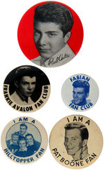 PAUL ANKA, AVALON, FABIAN, HILLTOPPER, BOONE GROUP OF FIVE 1950s BUTTONS.