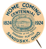 SANDUSKY OHIO CENTENNIAL BUTTON PICTURING "REPRODUCTION OF THE FAMOUS SANDUSKY PLATTER."