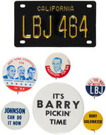 SIX JOHNSON AND ANTI-GOLDWATER 1964 BUTTONS AND SMALL CALIFORNIA LICENSE PLATE "LBJ 464".