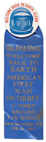 "WELCOME BACK TO EARTH, GLENN" HOMECOMING BUTTON WITH RARE RIBBON.