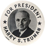 FOR PRESIDENT HARRY S. TRUMAN LARGE PORTRAIT BUTTON.