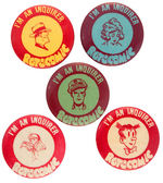 FIVE RARE PHILADELPHIA NEWSPAPER COMIC CHARACTER BUTTONS.