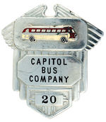 BUS COMPANY METAL BADGES PLUS TWO RELATED ITEMS.