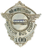 BUS COMPANY METAL BADGES PLUS TWO RELATED ITEMS.