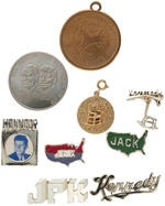 GROUP OF NINE KENNEDY ITEMS INCLUDING TOKENS AND LAPEL PINS.