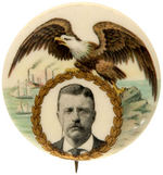 ROOSEVELT BEAUTIFUL BUTTON FEATURING HIM IN GOLD WREATH SURMOUNTED BY AN EAGLE.