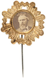 "R.B. HAYES" CARDBOARD PHOTO ON ORNATE BRASS SHELL STICKPIN.