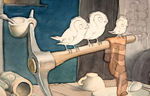 SNOW WHITE BIRDS AT DINNER TABLE WATERCOLOR BACKGROUND ORIGINAL CONCEPT ART.