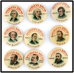NINE PRESIDENT BUTTONS FROM EARLY SET BY PEERLESS BREAD.