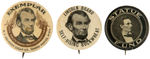 ABRAHAM LINCOLN FOUR BUTTONS, PORCELAIN BADGE AND WATCH FOB.