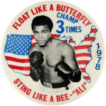 MUHAMMAD ALI BUTTONS WITH TWO SPECIFYING 1978 & 1980 CHAMPIONSHIPS.