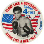 MUHAMMAD ALI BUTTONS WITH TWO SPECIFYING 1978 & 1980 CHAMPIONSHIPS.