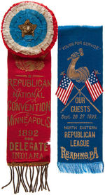 REPUBLICAN 1892 DELEGATE AND 1893 PA. REPUBLICAN LEAGUE RIBBON PAIR.