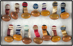 COLLEGE FOOTBALL BUTTONS GROUP OF 14 ALL WITH 3-DIMENSION TIN FOOTBALL HANGERS.