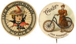 WOMEN AND BICYCLES CIRCA 1896 BUTTON TRIO PLUS LAPEL STUD.