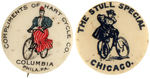 WOMEN AND BICYCLES CIRCA 1896 BUTTON TRIO PLUS LAPEL STUD.