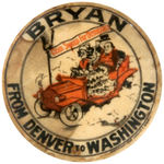 "BRYAN FROM DENVER TO WASHINGTON" RARE 1908 CARTOON BUTTON.