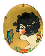 SUPERB COLOR WOMAN AND BUTTERFLY HIGHLY STYLIZED 1920s CELLULOID PIN.