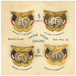 RARE ORIGINAL CARD WITH FOUR McKINLEY & ROOSEVELT BRASS SHELL JUGATES.