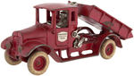 ARCADE CAST IRON "INTERNATIONAL HARVESTER TRUCKS" RED BABY DUMP TRUCK WITH HOIST.