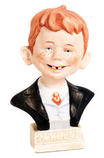 "ME WORRY?" 1960s UNAUTHORIZED ALFRED E. NEUMAN PAINTED BISQUE BUST.