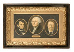 "SAPOLIN" ENAMEL SHADOW BOX ADVERTISING DISPLAY WITH CANVAS PORTRAITS OF GW, LINCOLN AND TR.