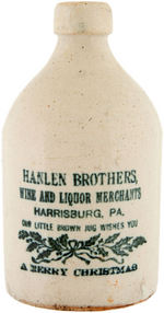 "HANLEN BROTHERS WINE AND LIQUOR MERCHANTS - HARRISBURG, PA." CHRISTMAS STONEWARE JUG.