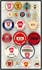 PENNSYLVANIA RAILROAD BADGE COLLECTION PLUS SIX "PHOTOMATIC" SOUVENIRS.