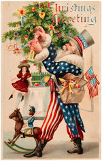 SANTA CLAUS AS UNCLE SAM HOLD-TO-LIGHT CHRISTMAS POSTCARD.