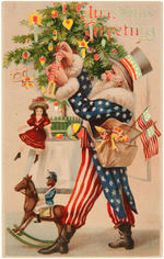 SANTA CLAUS AS UNCLE SAM HOLD-TO-LIGHT CHRISTMAS POSTCARD.