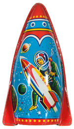 TIN ROCKET BANK AND SPACE THEMED DEXTERITY TOY.