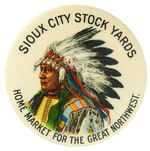 NATIVE AMERICAN IN SUPERB COLOR PROMOTES “SIOUX CITY STOCK YARDS.”