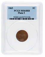 1865 INDIAN HEAD PENNY PCGS MS64RB "PLAIN 5" VARIETY.