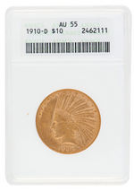 1910-D $10 "INDIAN HEAD" EAGLE GOLD COIN ANACS AU55.