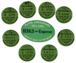 LA EVENING HERALD & EXPRESS PROBABLE SET OF EIGHT COMIC BUTTONS & ANNIVERSARY.