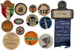 RAILROAD TEN BUTTONS AND TWO RIBBON BADGES.