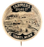 “FARMER’S STORE CO./ISANTI, MINN.” BUTTON W/EXTENSIVE FARM FIELDS SCENE