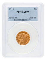 1911 $5 "INDIAN HEAD" HALF EAGLE GOLD COIN PCGS AU55.