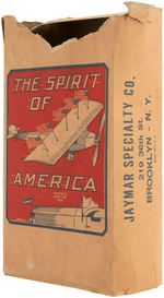 SPIRIT OF ST. LOUIS-INSPIRED BOXED TIN AIRPLANE RADIATOR ORNAMENT WITH AMERICAN FLAGS.