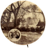 ROOSEVELT JUGATE BUTTON PICTURED ON REAL PHOTO BUTTON OF A TREE SURROUNDED HOUSE.