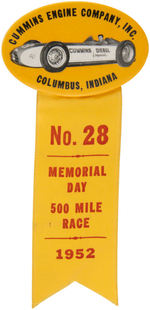 PAUL MUCHINSKY COLLECTION RARE 1952 BUTTON FROM INDIANAPOLIS 500 MILE RACE.