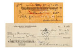 TARZAN CREATOR EDGAR RICE BURROUGHS & THE SHADOW CREATOR WALTER B. GIBSON SIGNED CHECK PAIR.