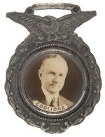 “COOLIDGE” CELLULOID PORTRAIT ON SILVERED WHITE METAL WATCH FOB.