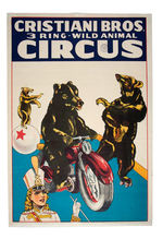 "CRISTIANI BROS. 3 RING WILD ANIMAL CIRCUS" POSTER WITH BEAR ON MOTORCYCLE.