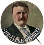 ROOSEVELT FOUR PORTRAIT BUTTONS PLUS GIVE-AWAY BUTTON FROM ST. LOUIS EXPO SHOWING HIS CABIN.